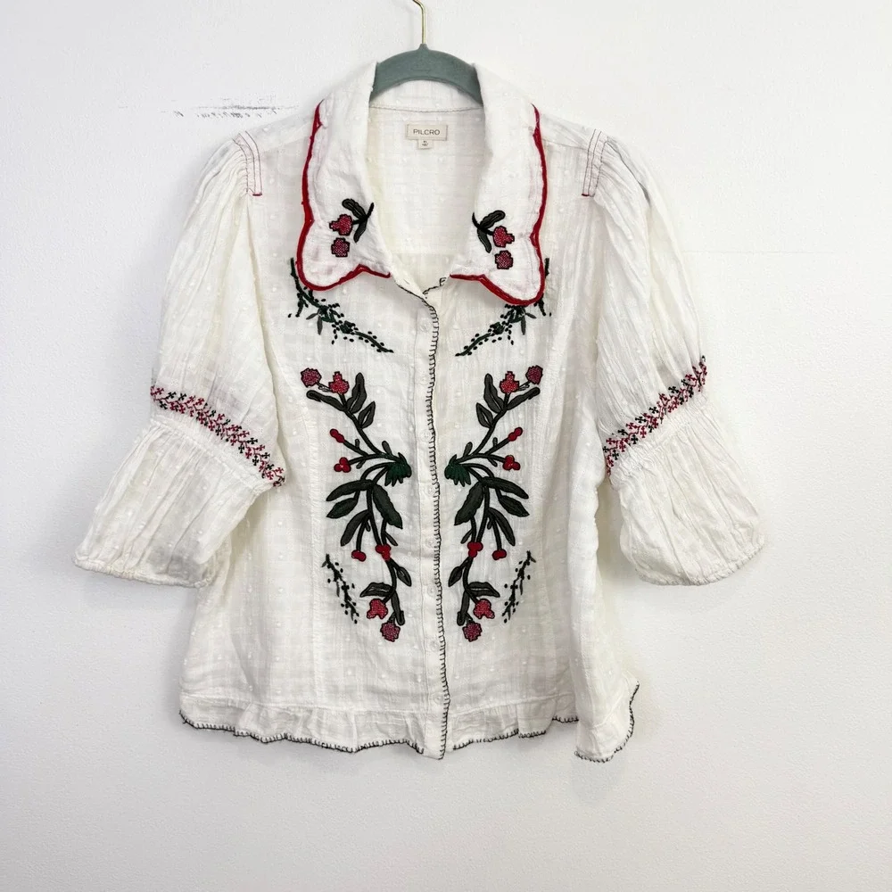 Anthropologie Pilcro Embroidered Puff Sleeve Collared Blouse White XL